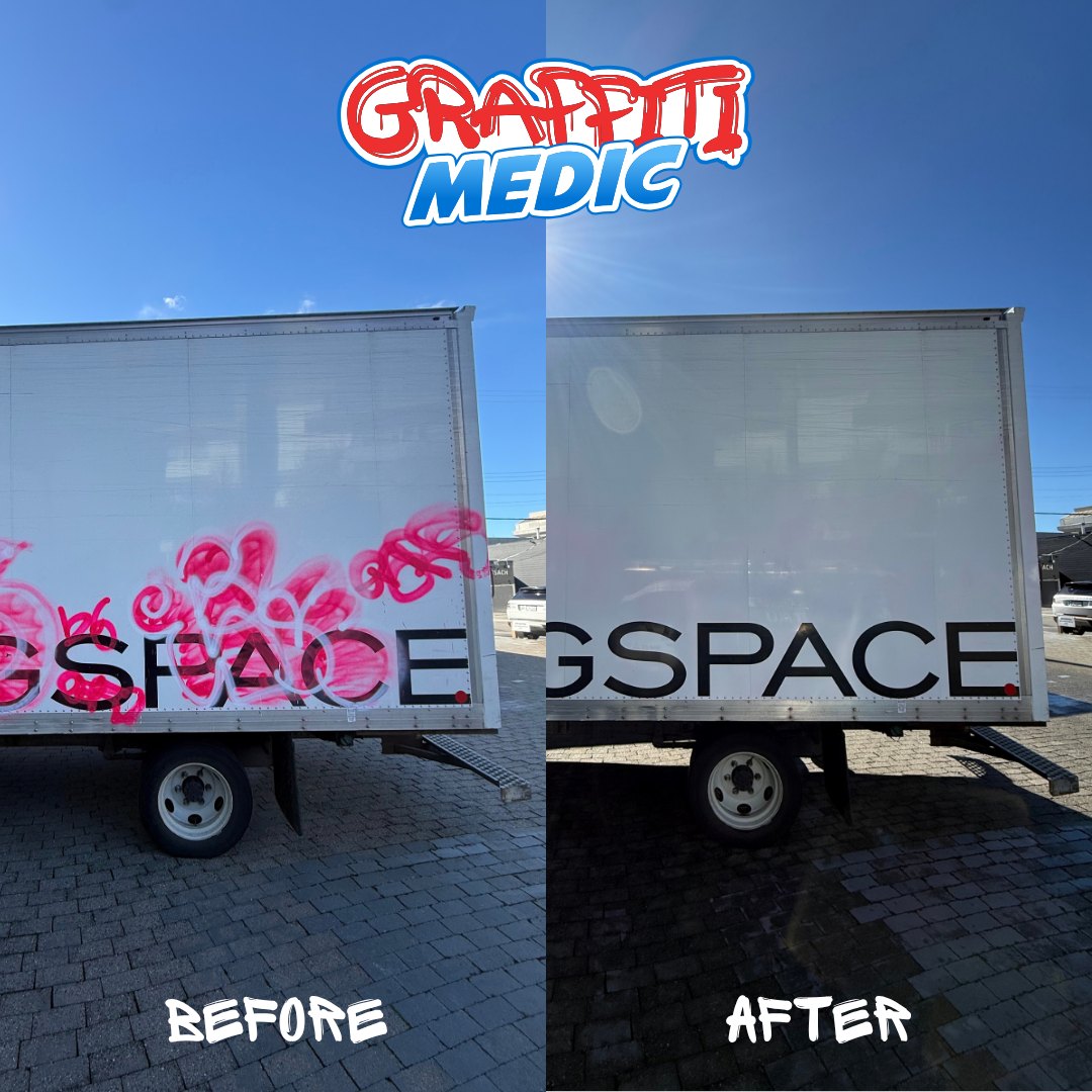 Spray paint removed from branded box truck without damaging decals — Graffiti Medic fleet removal